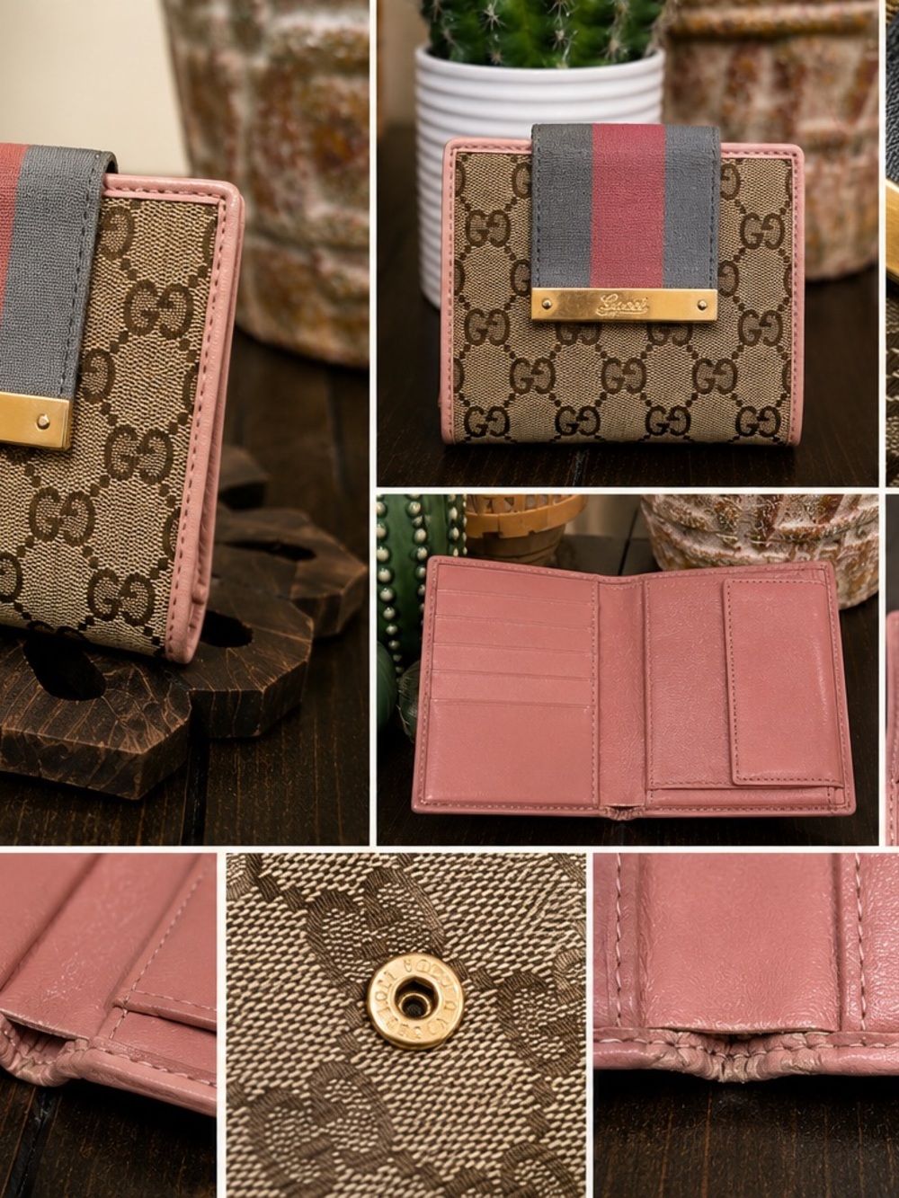 Gucci Vintage GG Canvas Wallet in Pink Trim with Web Stripe - Picture 4 of 10